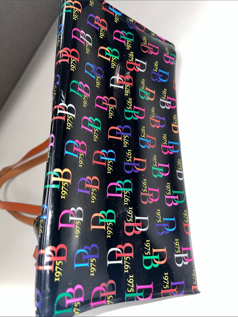 Dooney & Bourke Black Patent Tote with Multicolor DB Logo and Tan Straps - Picture 2 of 10